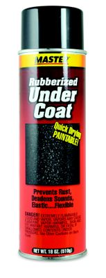 Rubberized undercoating spray can with labels highlighting quick drying, paintability, and rust prevention features.
