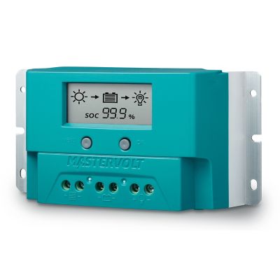 Mastervolt Solar ChargeMaster SCM20 PWM with digital display, showing solar power data, in a turquoise casing.