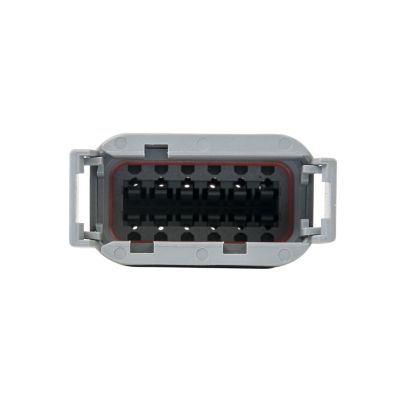 Gray ATM Series 12-way receptacle housing with visible slots and secure side clasps, viewed front-facing.
