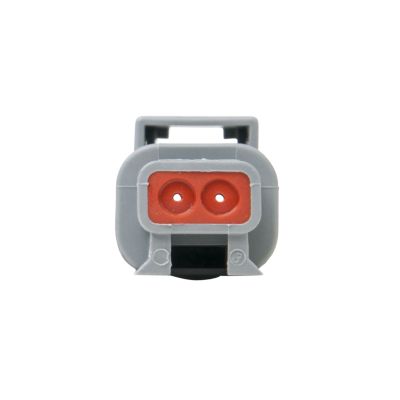 Gray ATM Series 2-way receptacle housing with red dual openings and secure latch design.
