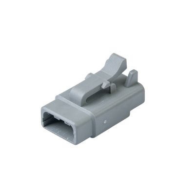 Gray Amphenol ATM06-3S 3-way plug connector with a latch, showcasing its robust design for secure connections.
