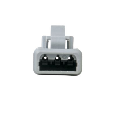 3-way ATM series plug connector with three circular openings and a secure locking mechanism in a light gray casing.