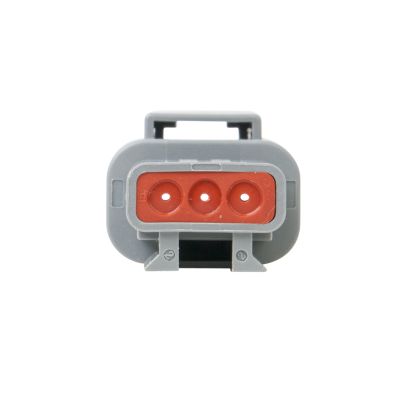 Gray 3-way ATM Series receptacle housing with three circular slots, featuring a durable design and compact form.