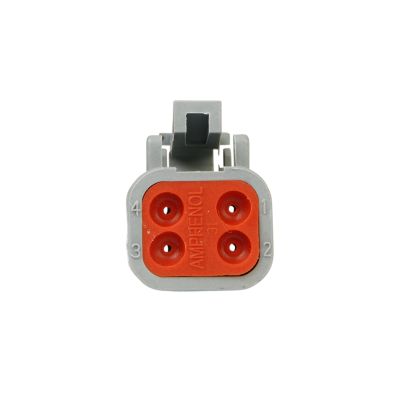 4-way ATM Series plug showing four circular sockets in a gray and orange housing.
