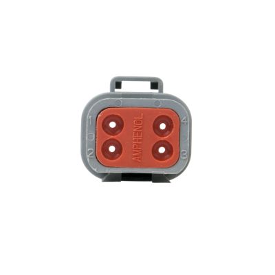4-way ATM series receptacle housing in gray and red with a compact, sturdy design for secure electrical connections.