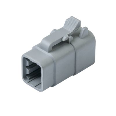 Gray Amphenol ATM06-6S, 6-way plug connector with secure latch, designed for robust electrical and data connections.
