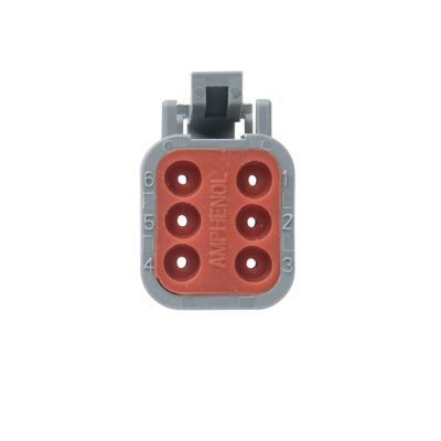 ATM Series Plug, 6-way connector with gray casing and red interior.