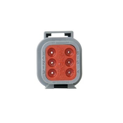 6-way receptacle housing from ATM Series in gray and red, featuring a rectangular design and numbered slots.