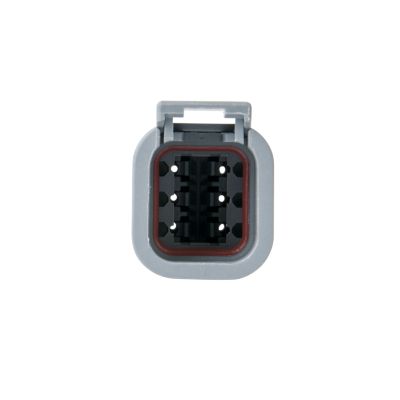 6-way ATM Series receptacle housing with grey casing and visible connection points for electrical applications.