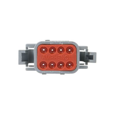 ATM Series Plug, 8-way connector with grey casing and red interior, featuring labeled pin slots and secure latching clips.
