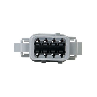 Gray ATM Series 8-way plug connector with a secure locking mechanism and multiple slots for electrical connections.