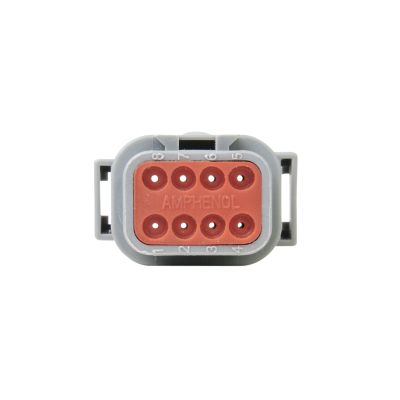 Gray 8-way ATM Series receptacle housing with red interior and numbered slots.