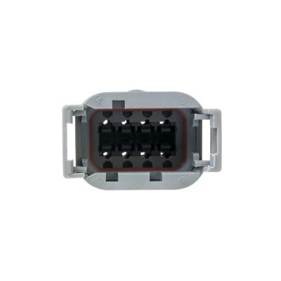 Gray 8-way ATM Series Receptacle Housing connector with visible pins and locking mechanism, designed for secure electrical connections.