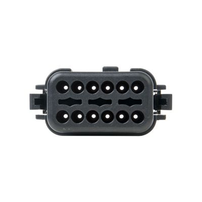 Black AT Series 12-way plug connector with strain relief, showcasing its symmetrical hole pattern and robust design.