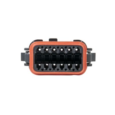AT Series 12-Way Plug with Strain Relief, highlighting durable construction and multiple connection ports.