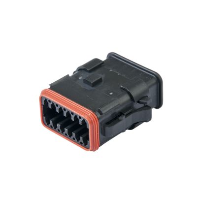 Amphenol AT 12-way plug with strain relief, featuring a durable black and red design for secure electrical connections.