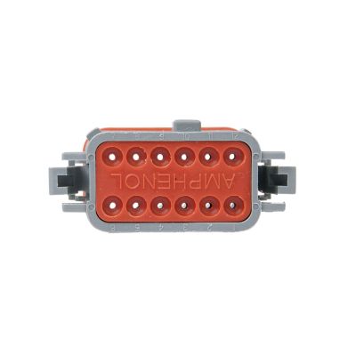 Harsh environment plug with 12 connectors, orange and gray casing, designed for durability and reliability in tough conditions.