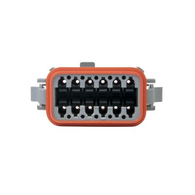 Harsh environment plug with orange and grey casing featuring 12 connectors, designed for durability and reliability.