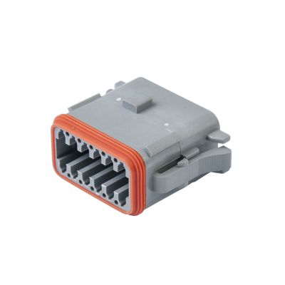 Gray Amphenol AT06-12SA 12-way plug featuring a red sealing ring and secure latching mechanism.