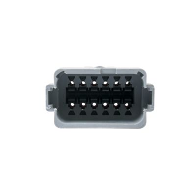 Gray AT Series Receptacle Housing, 12-way connector with visible pin configuration for secure electrical connections.