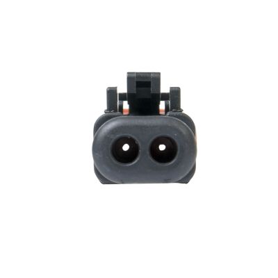 Black AT Series 2-way plug with strain relief, front view showcasing dual sockets and locking mechanism.