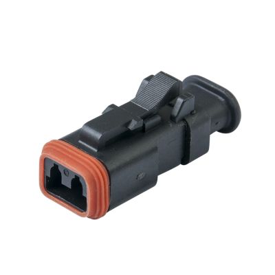 Black 2-way electrical plug with strain relief featuring a red sealing edge.