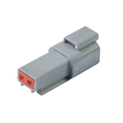 Gray Amphenol AT04-2P 2-way receptacle connector, featuring two red socket ports for secure electrical connections.
