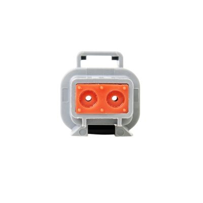 Gray and orange AT Series 2-Way Receptacle Housing, front view showing two circular ports.