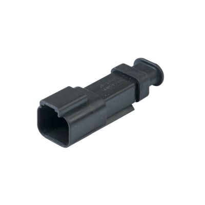 Amphenol AT04-2P-SR01, 2-way black receptacle connector with strain relief for secure electrical connections.