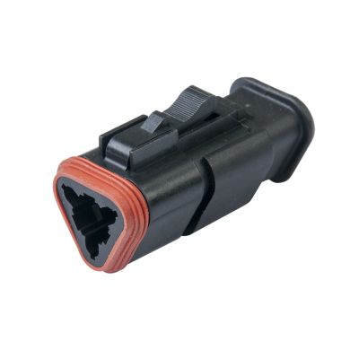 Black Amphenol AT 3-way plug with strain relief, featuring a red sealing edge and robust structure.