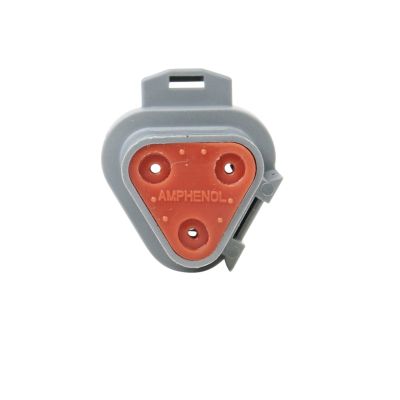 3-Way AT Series Receptacle Housing with gray and red triangular design, featuring Amphenol branding for secure connections.
