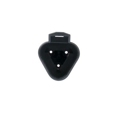 3-way AT Series receptacle with strain relief in black, showcasing its robust, triangular design for secure electrical connections.