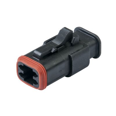 Black Amphenol AT 4-way plug with red strain relief, featuring a secure latch design for electrical connections.