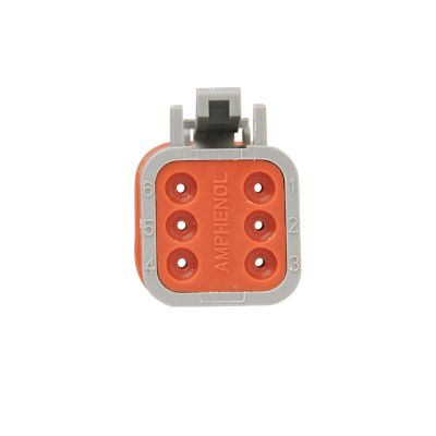AT Series 6-way plug for harsh environments, featuring durable design and orange face with six connection points.