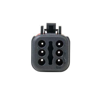 Black AT Series 6-way plug with strain relief, showcasing circular sockets and durable design for secure connections.
