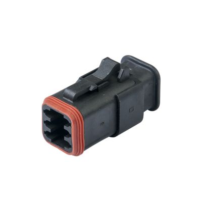Black 6-way plug connector with strain relief and red sealing ring for secure electrical connections.