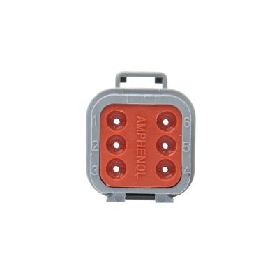 Gray AT Series 6-way receptacle housing with visible orange connector grid and branded text.