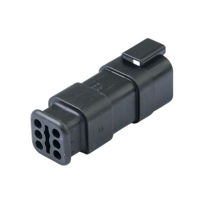 Black Amphenol 6-way electrical receptacle with strain relief, featuring a durable and compact design.