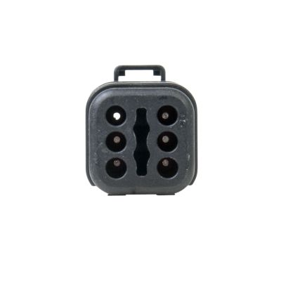 AT Series 6-way receptacle with strain relief, front view showing six circular openings in a square connector design.