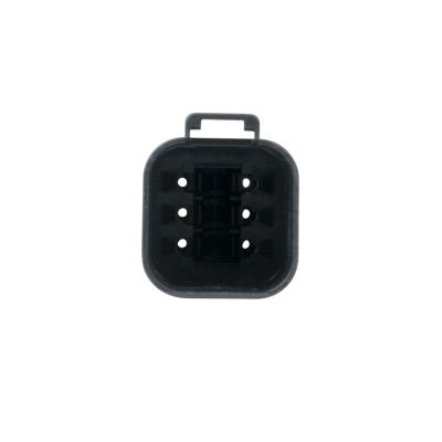 Black AT Series receptacle featuring a 6-way design with strain relief, showcasing its durable construction and connectivity.