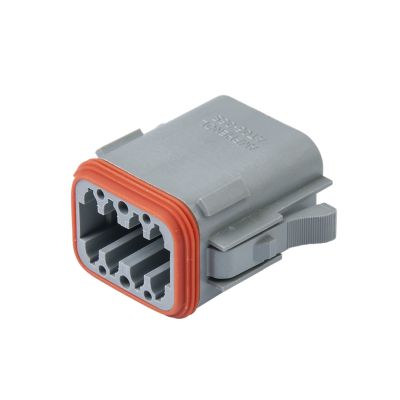 Gray Amphenol AT06-08SA, 8-way plug with orange seal, designed for secure electrical connections.