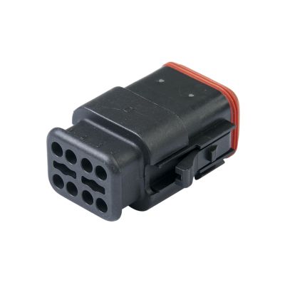 Amphenol 8-way plug with strain relief, featuring a durable black housing and visible contact points for secure connections.