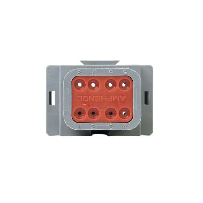 Gray and red 8-way AT Series receptacle housing, featuring multiple circular ports for secure electrical connections.