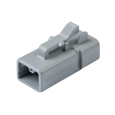 Gray Amphenol ATP06-2S 2-way plug connector with secure latch and durable design for electrical applications.
