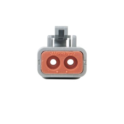 Close-up of a gray and red ATP Series 2-way plug connector, highlighting circular insertion points and a sturdy design.