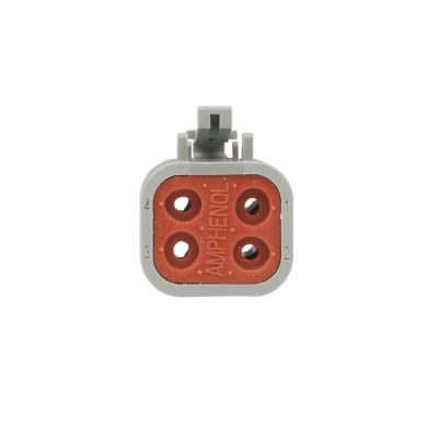 Four-way ATP series plug with a gray casing and red central area, featuring visible connector openings and Amphenol branding.