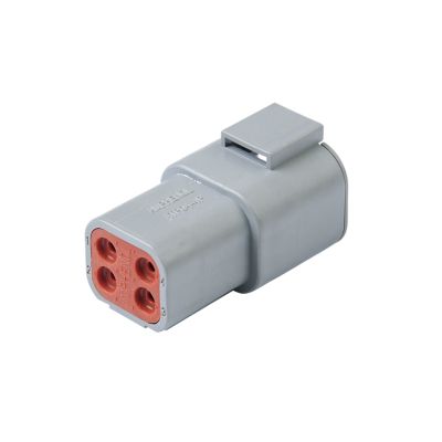 4-way gray receptacle with a rectangular design, showcasing multiple ports, suitable for electrical connections.