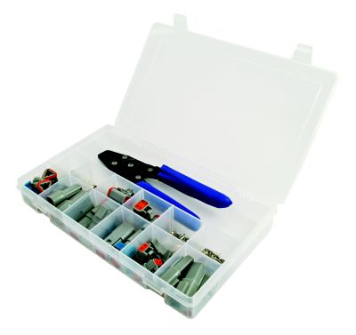 Connector kit with assorted components and a tool in a plastic case.