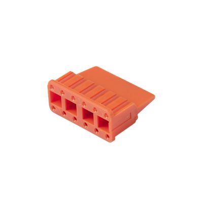 Orange Amphenol AWM-12S, ATM 12-way plug wedge with ribbed texture and multiple slots for connectivity.