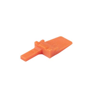 Orange Amphenol AWM-2P, ATM 2-way receptacle wedge with a streamlined, angular design on a white background.